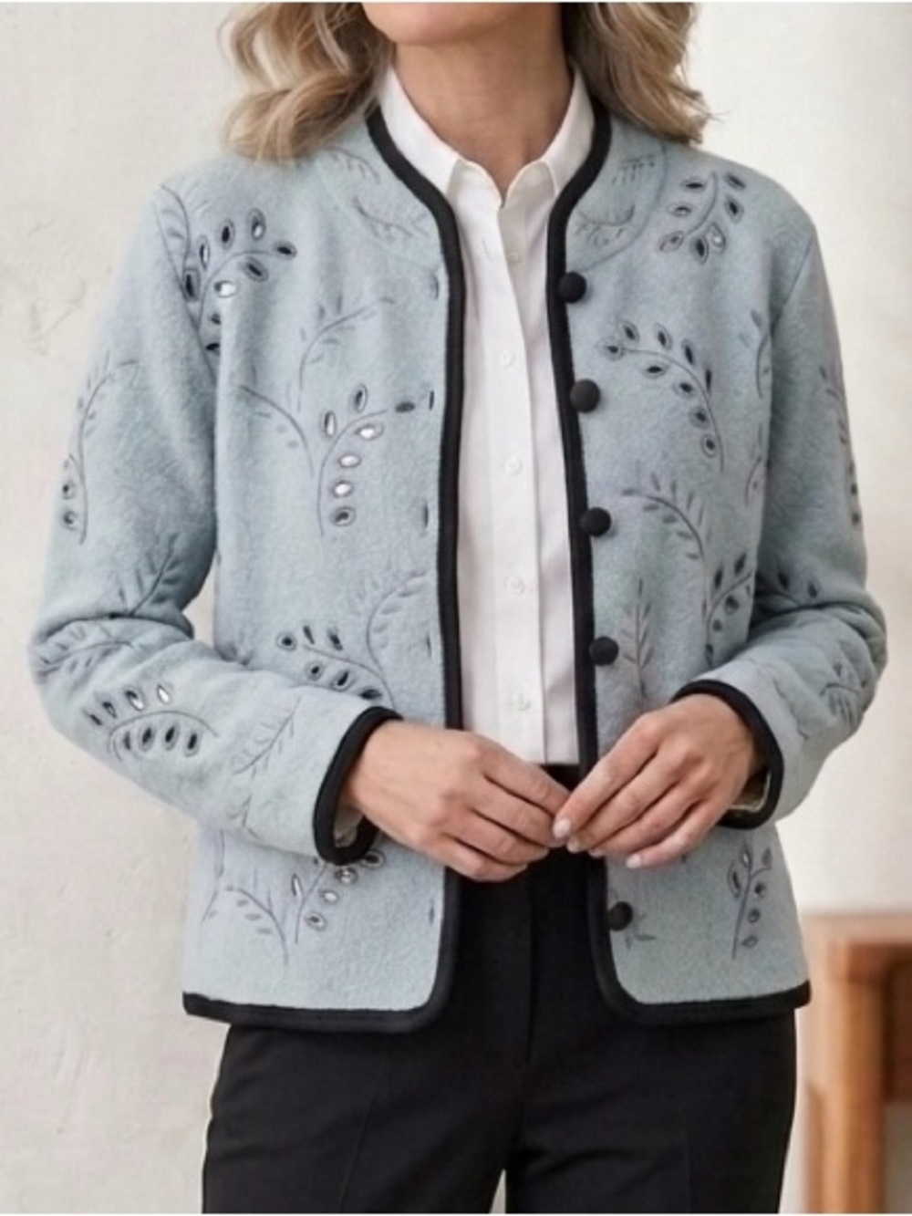 Vintage CoVelo Boiled Wool Jacket Cutwork Leaf Embroidered Cardigan